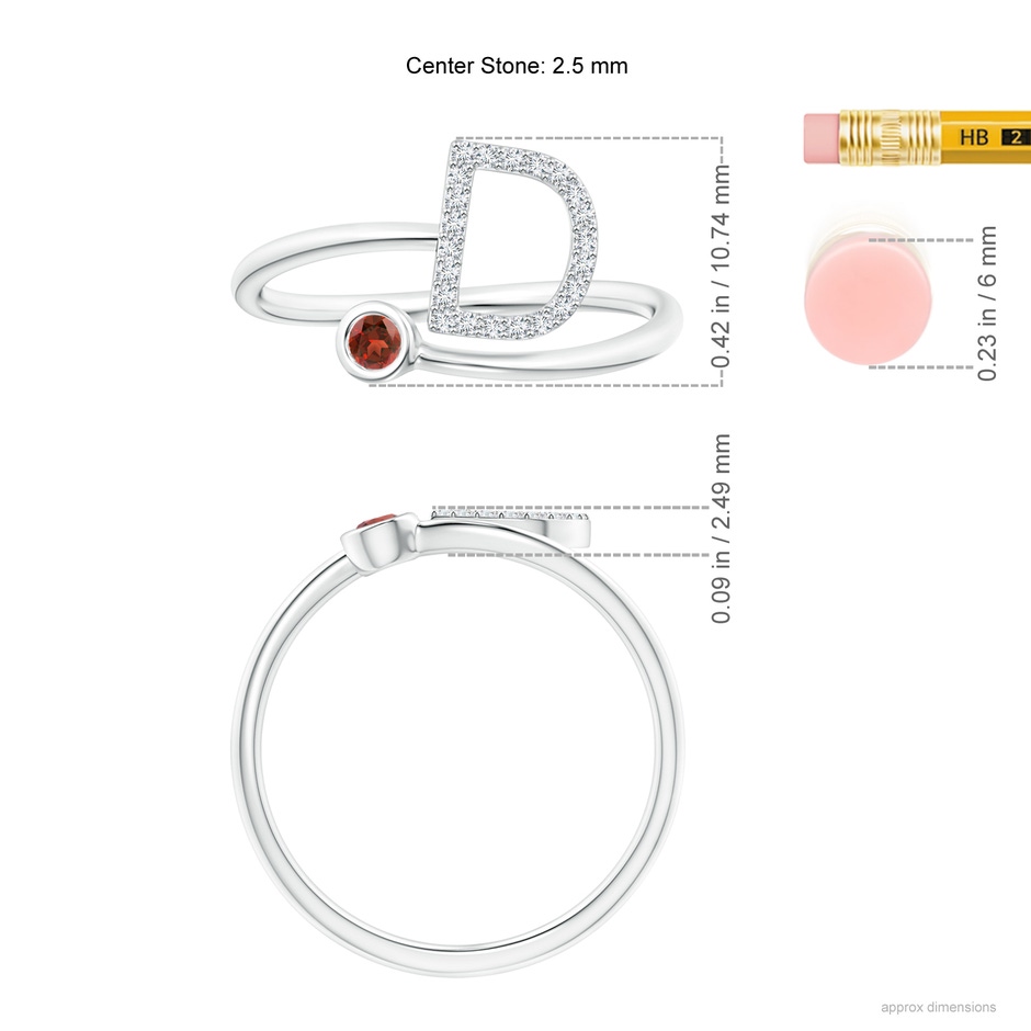 2.5mm AAA Capital "D" Diamond Initial Ring with Bezel-Set Garnet in White Gold ruler