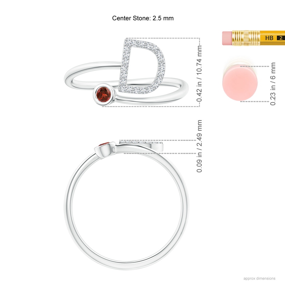 2.5mm AAAA Capital "D" Diamond Initial Ring with Bezel-Set Garnet in White Gold ruler