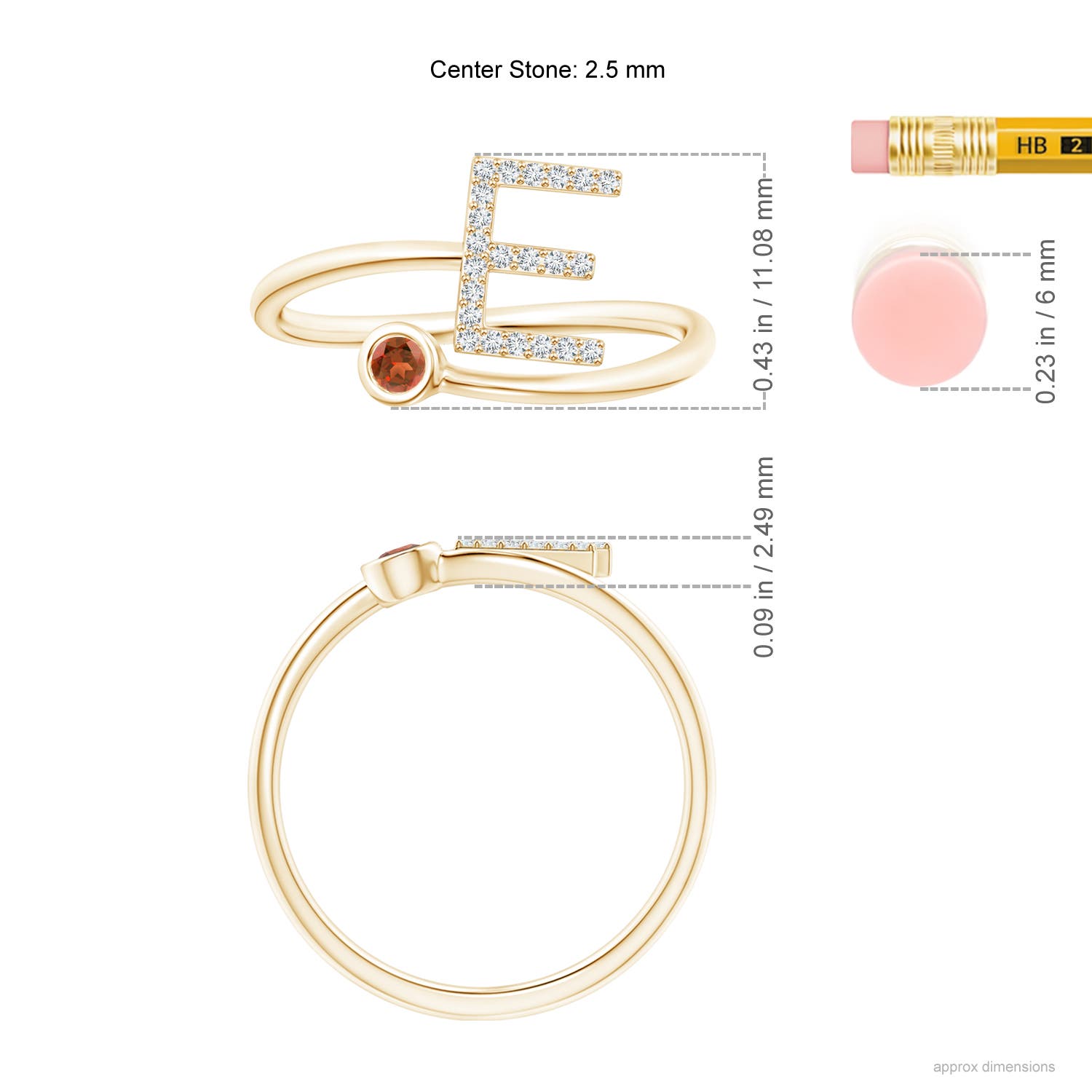 2.5mm A Capital "E" Diamond Initial Ring with Bezel-Set Garnet in 18CT Yellow Gold - ruler
