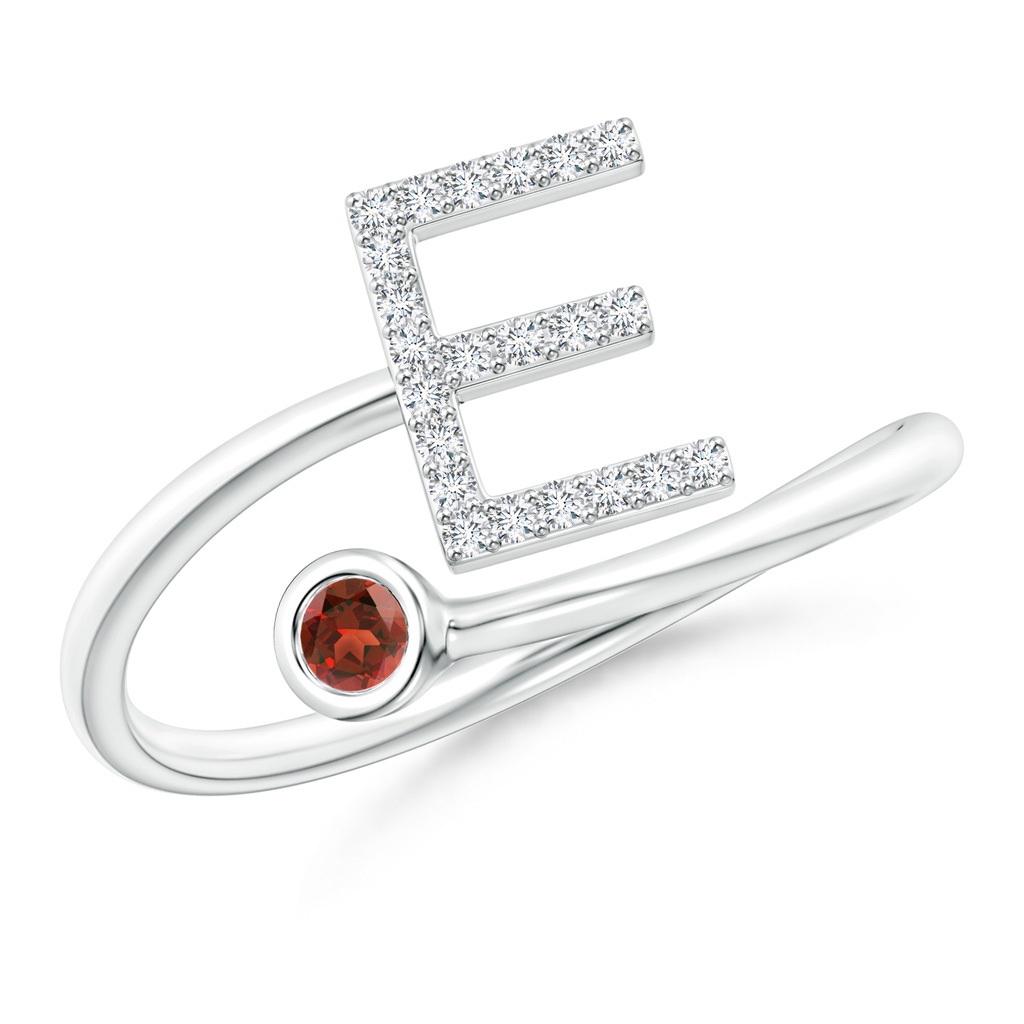 2.5mm AAA Capital "E" Diamond Initial Ring with Bezel-Set Garnet in White Gold