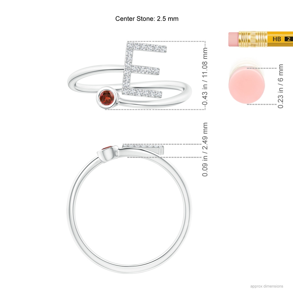 2.5mm AAA Capital "E" Diamond Initial Ring with Bezel-Set Garnet in White Gold Ruler