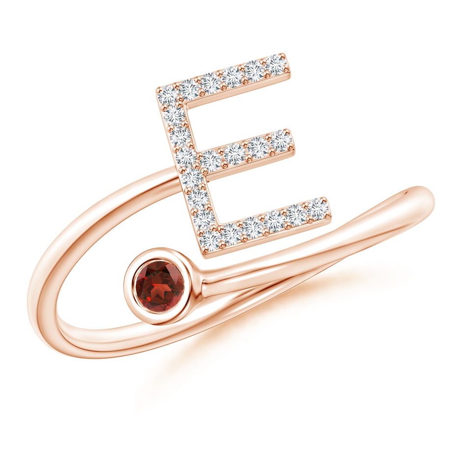 2.5mm AAAA Capital "E" Diamond Initial Ring with Bezel-Set Garnet in Rose Gold 