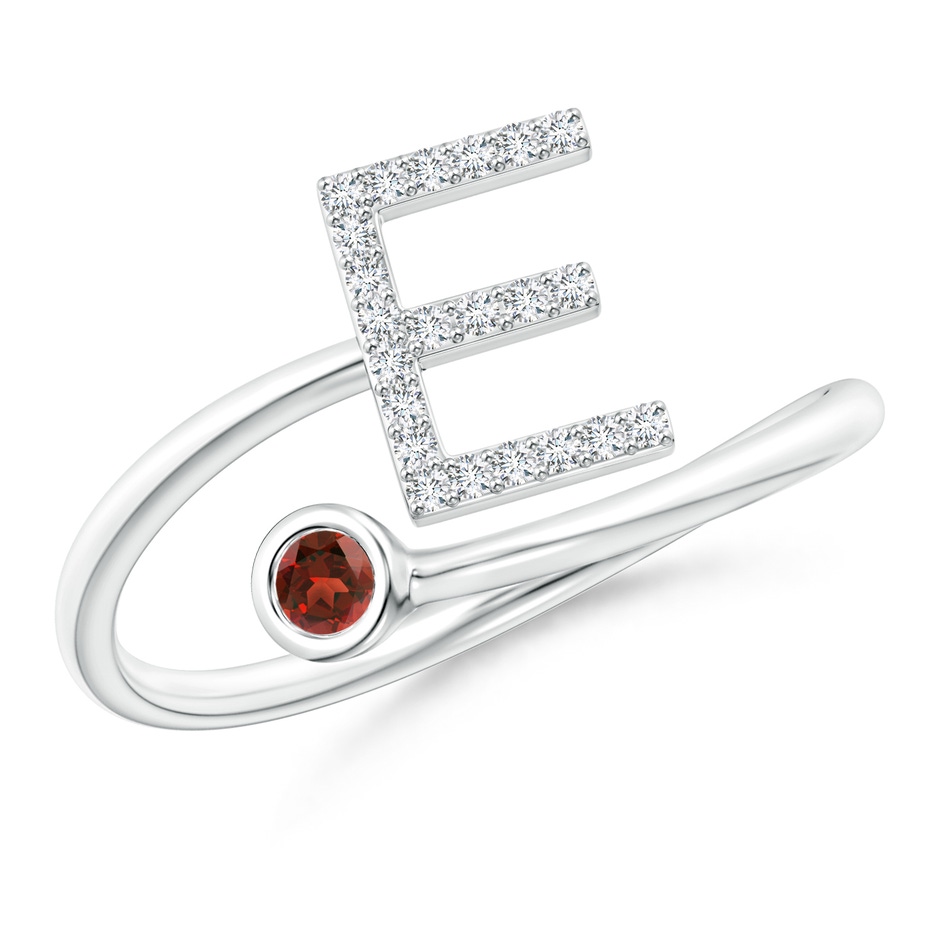 2.5mm AAAA Capital "E" Diamond Initial Ring with Bezel-Set Garnet in White Gold 