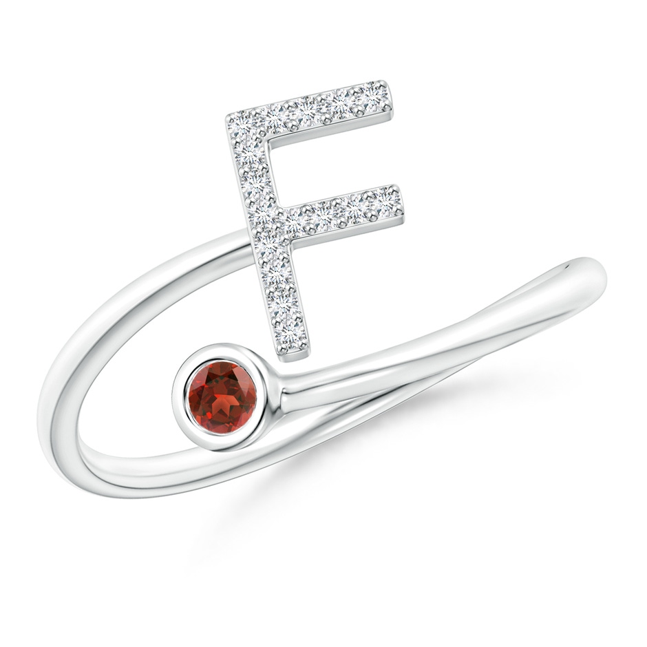 2.5mm AAA Capital "F" Diamond Initial Ring with Bezel-Set Garnet in White Gold 