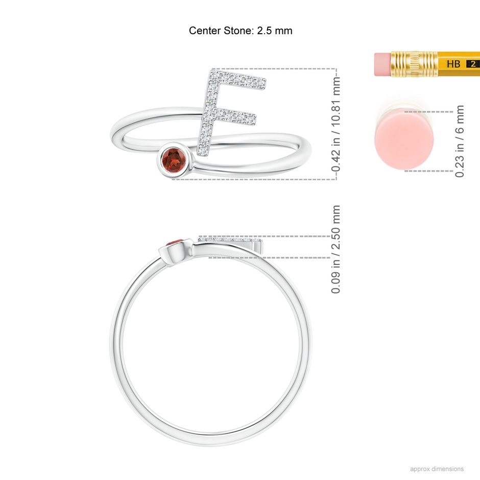 2.5mm AAA Capital "F" Diamond Initial Ring with Bezel-Set Garnet in White Gold ruler