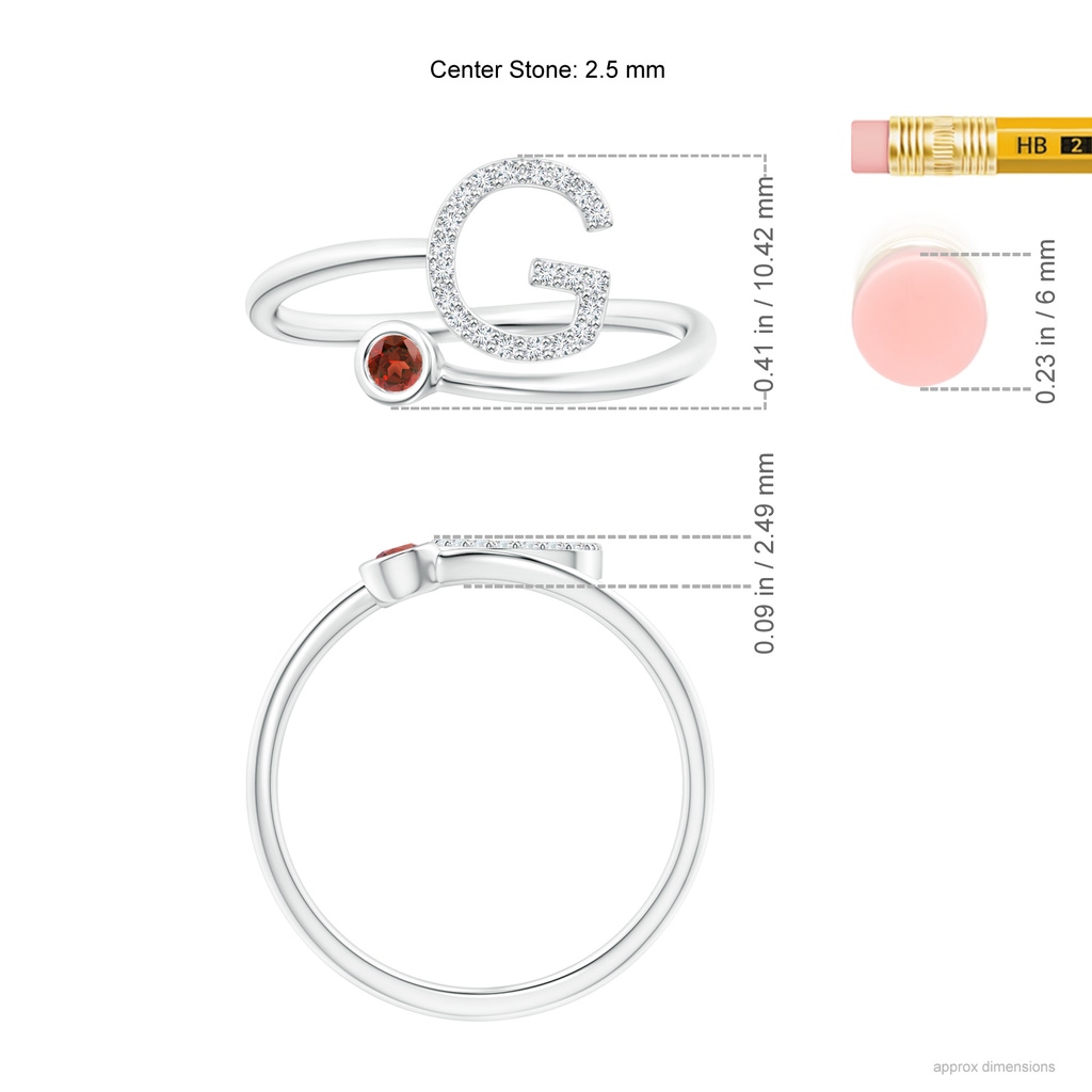 2.5mm AAA Capital "G" Diamond Initial Ring with Bezel-Set Garnet in White Gold Ruler