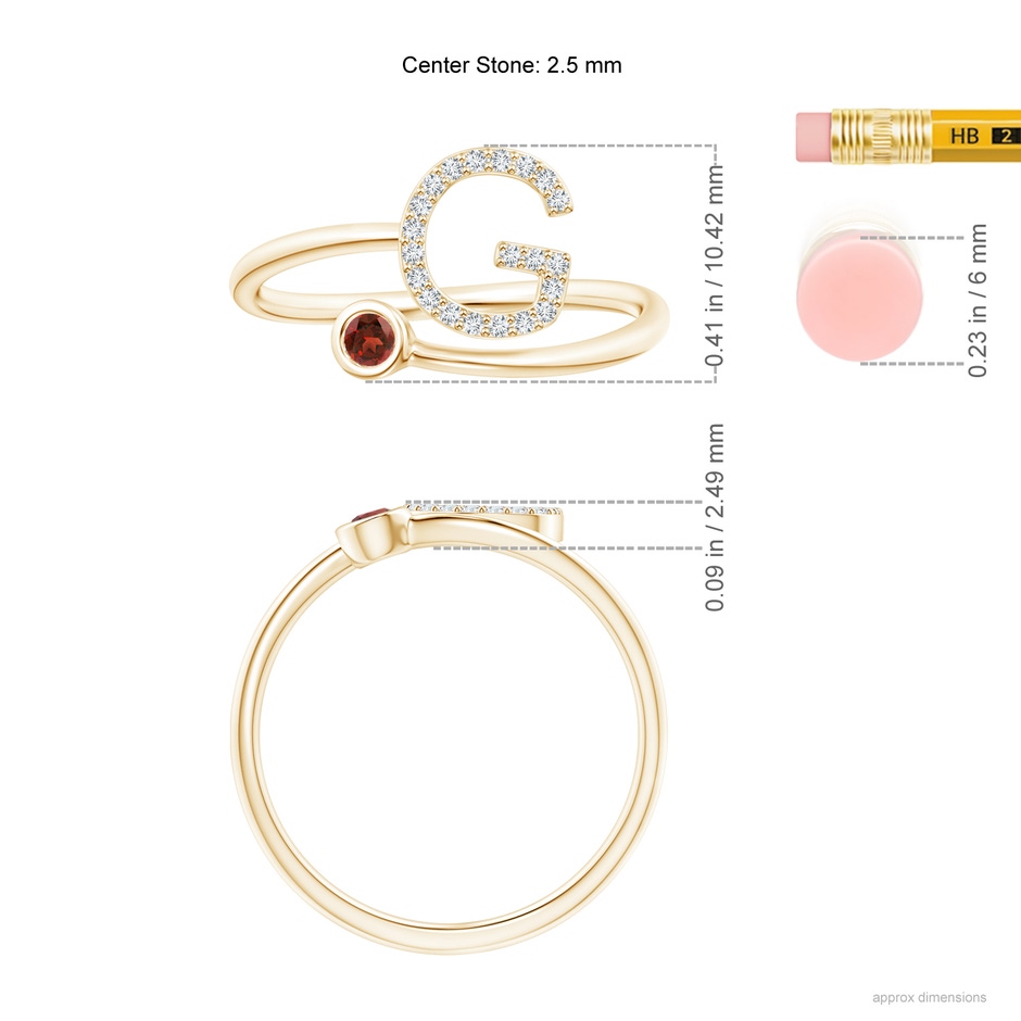 2.5mm AAAA Capital "G" Diamond Initial Ring with Bezel-Set Garnet in Yellow Gold ruler