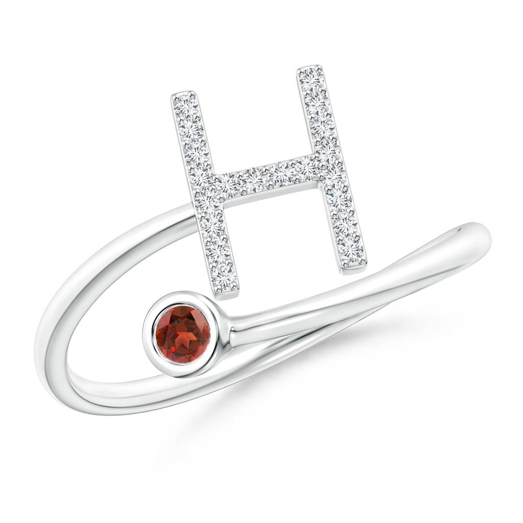 2.5mm AAA Capital "H" Diamond Initial Ring with Bezel-Set Garnet in White Gold