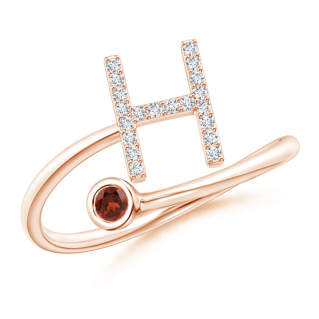 2.5mm AAAA Capital "H" Diamond Initial Ring with Bezel-Set Garnet in Rose Gold
