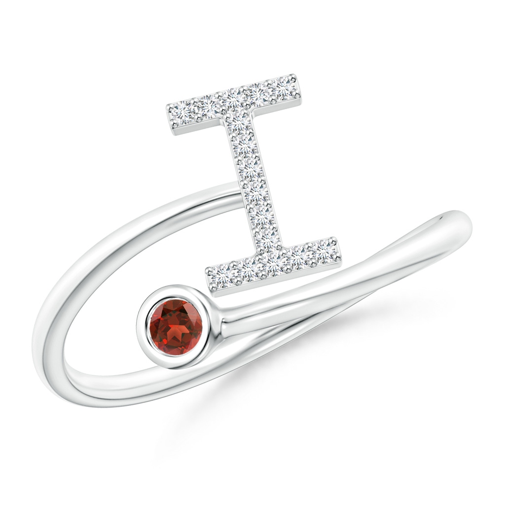 2.5mm AAA Capital "I" Diamond Initial Ring with Bezel-Set Garnet in White Gold