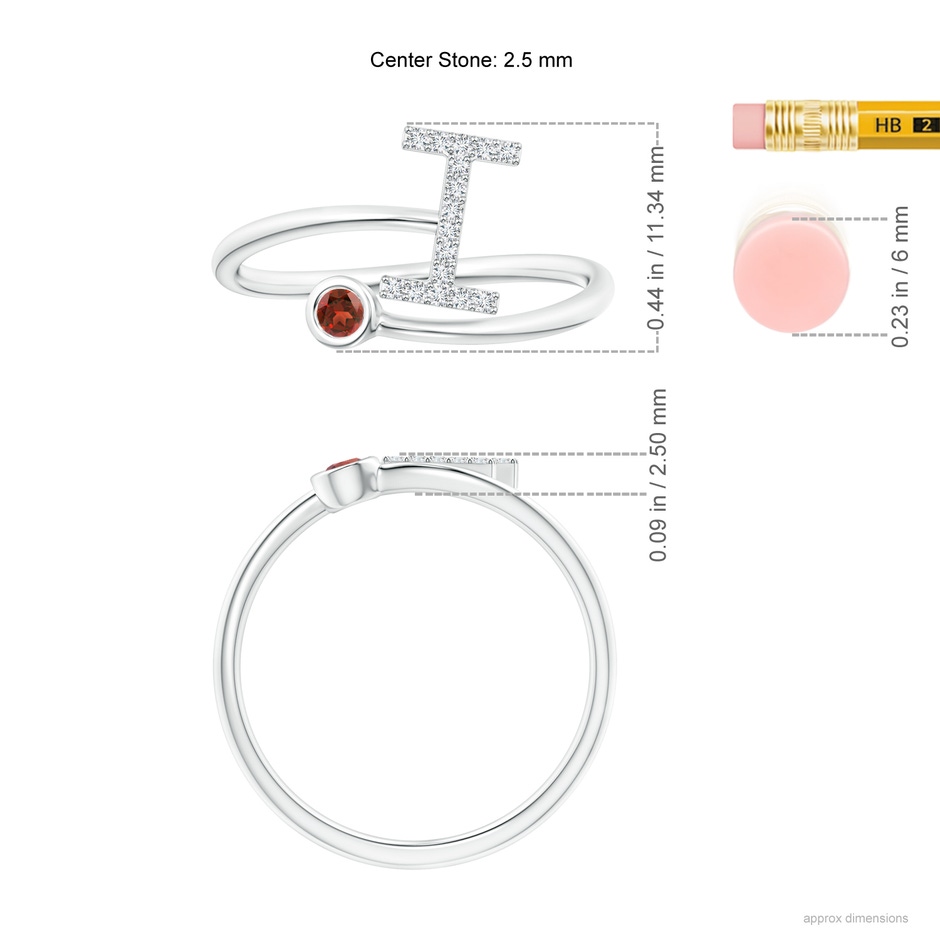 2.5mm AAA Capital "I" Diamond Initial Ring with Bezel-Set Garnet in White Gold ruler