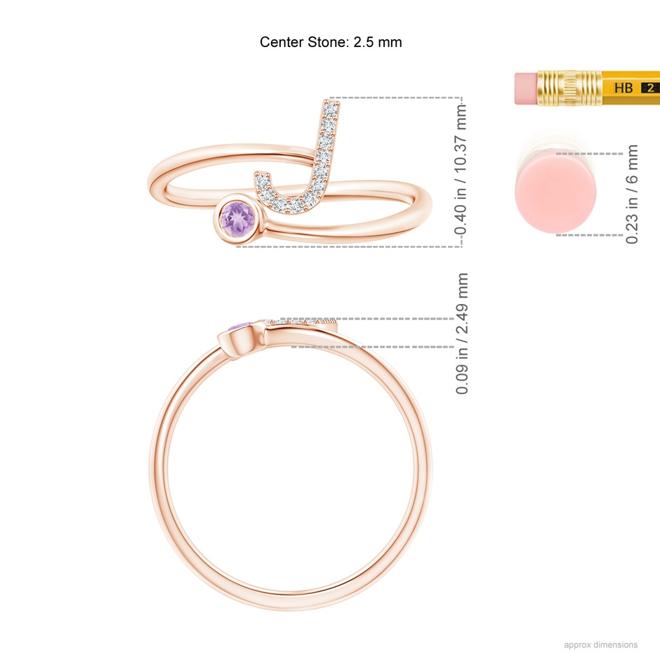 2.5mm A Capital "J" Diamond Initial Ring with Bezel-Set Amethyst in Rose Gold ruler