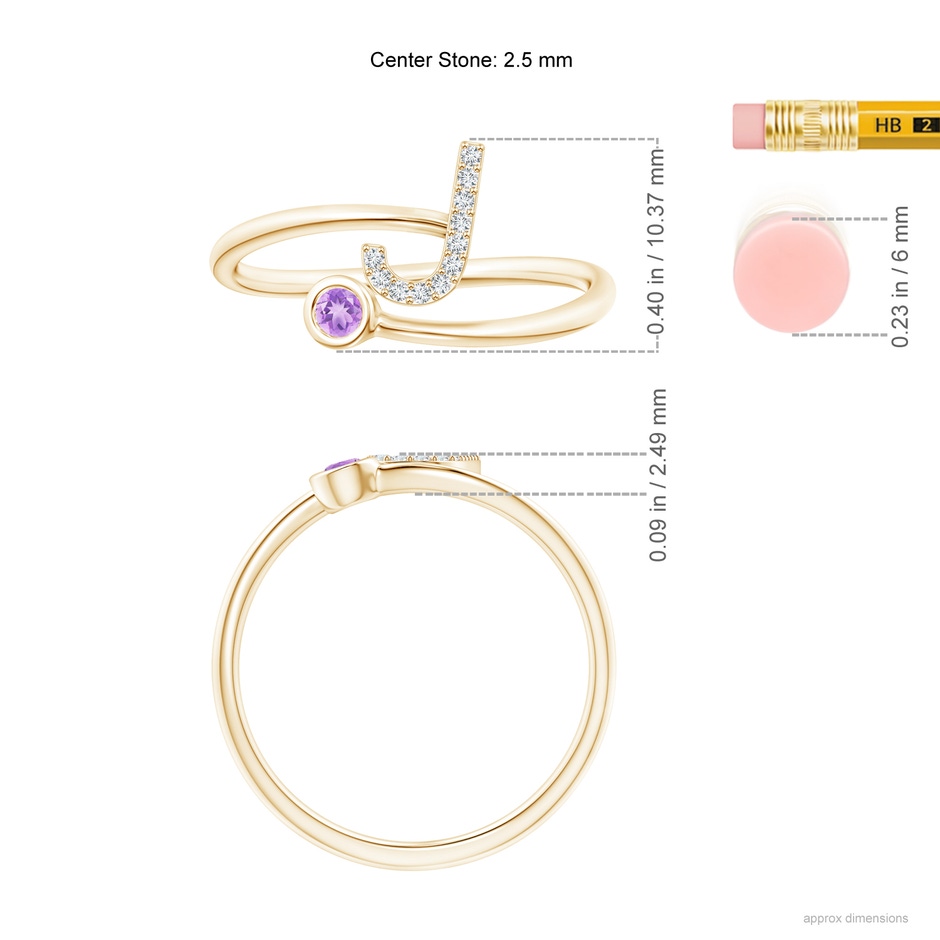 2.5mm AA Capital "J" Diamond Initial Ring with Bezel-Set Amethyst in Yellow Gold ruler