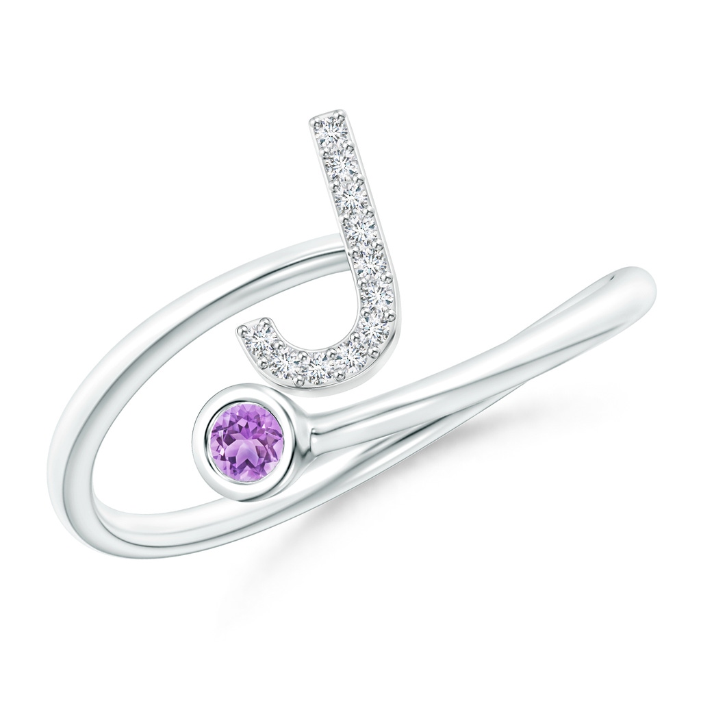 2.5mm AAA Capital "J" Diamond Initial Ring with Bezel-Set Amethyst in White Gold