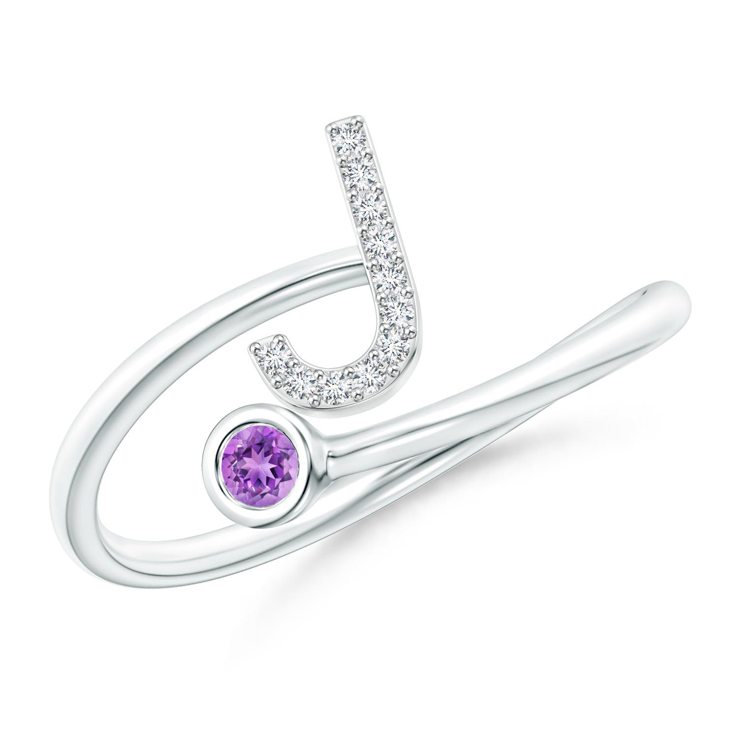 2.5mm AAAA Capital "J" Diamond Initial Ring with Bezel-Set Amethyst in 18K White Gold