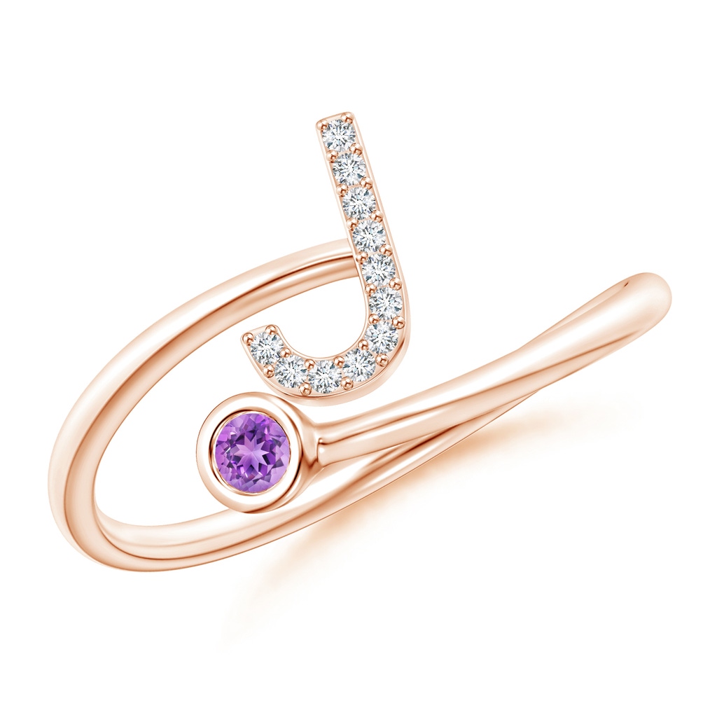 2.5mm AAAA Capital "J" Diamond Initial Ring with Bezel-Set Amethyst in Rose Gold