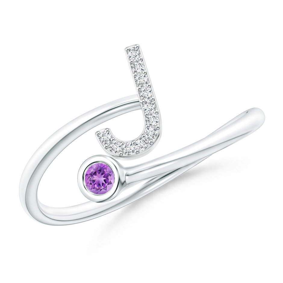 2.5mm AAAA Capital "J" Diamond Initial Ring with Bezel-Set Amethyst in White Gold 