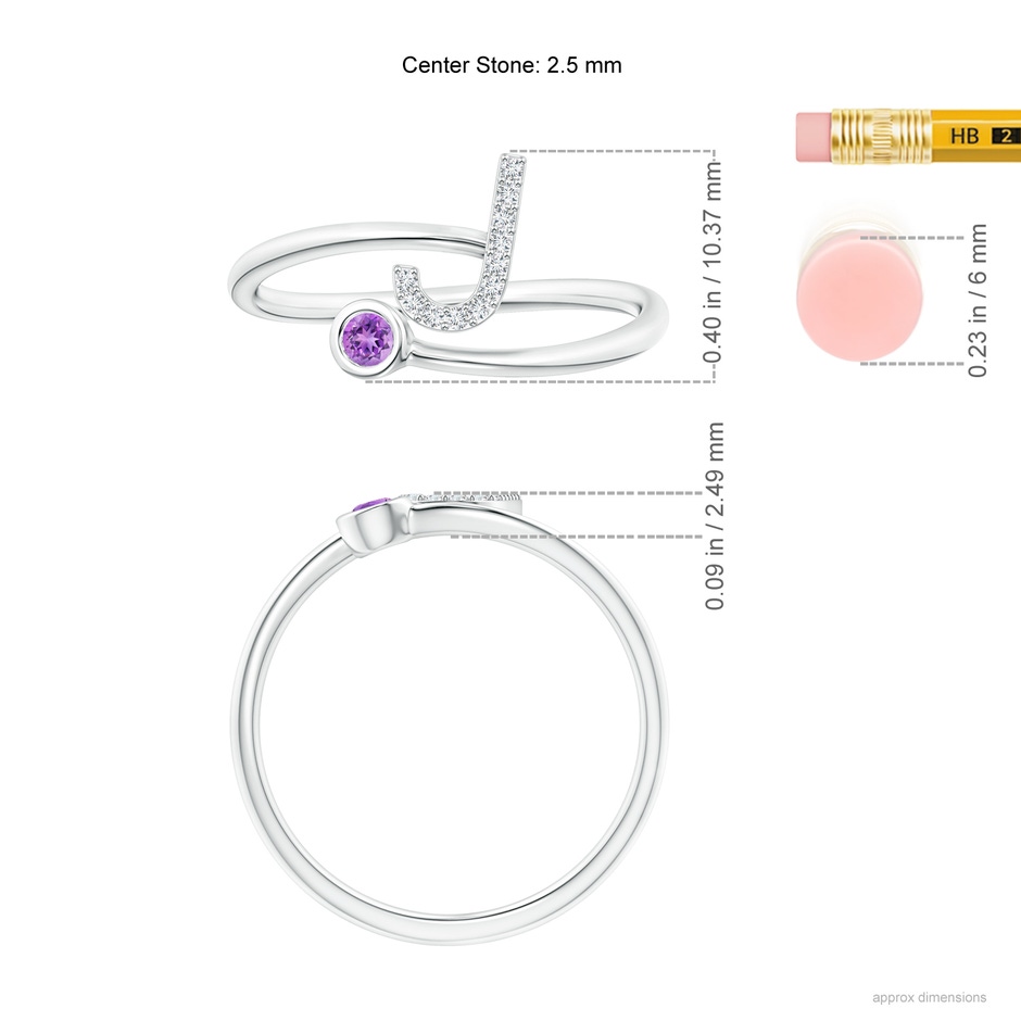 2.5mm AAAA Capital "J" Diamond Initial Ring with Bezel-Set Amethyst in White Gold ruler