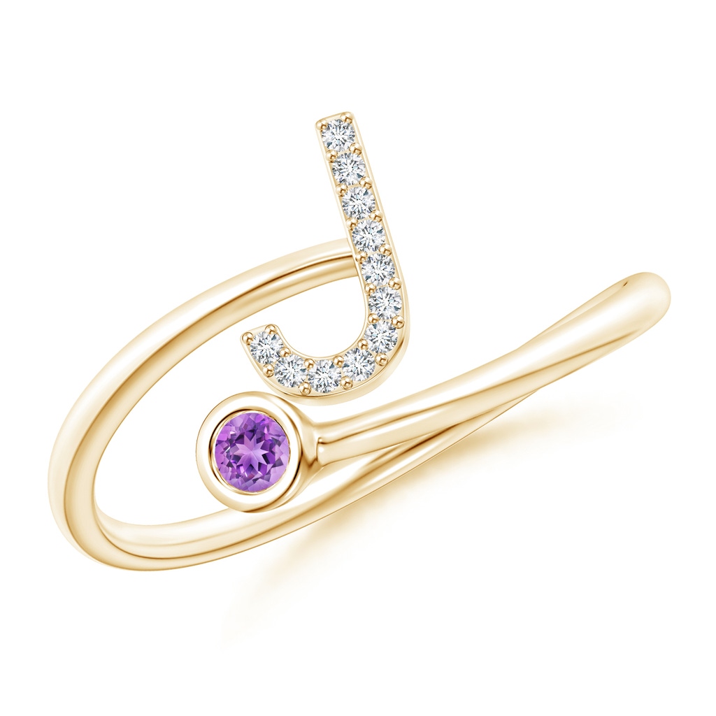 2.5mm AAAA Capital "J" Diamond Initial Ring with Bezel-Set Amethyst in Yellow Gold