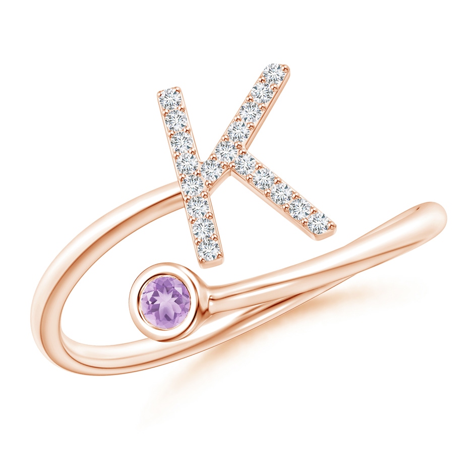 2.5mm A Capital "K" Diamond Initial Ring with Bezel-Set Amethyst in Rose Gold 
