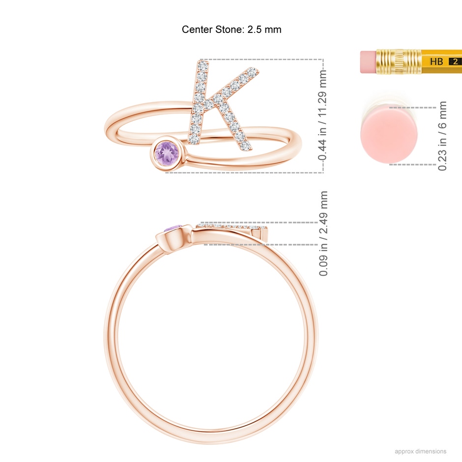 2.5mm A Capital "K" Diamond Initial Ring with Bezel-Set Amethyst in Rose Gold ruler