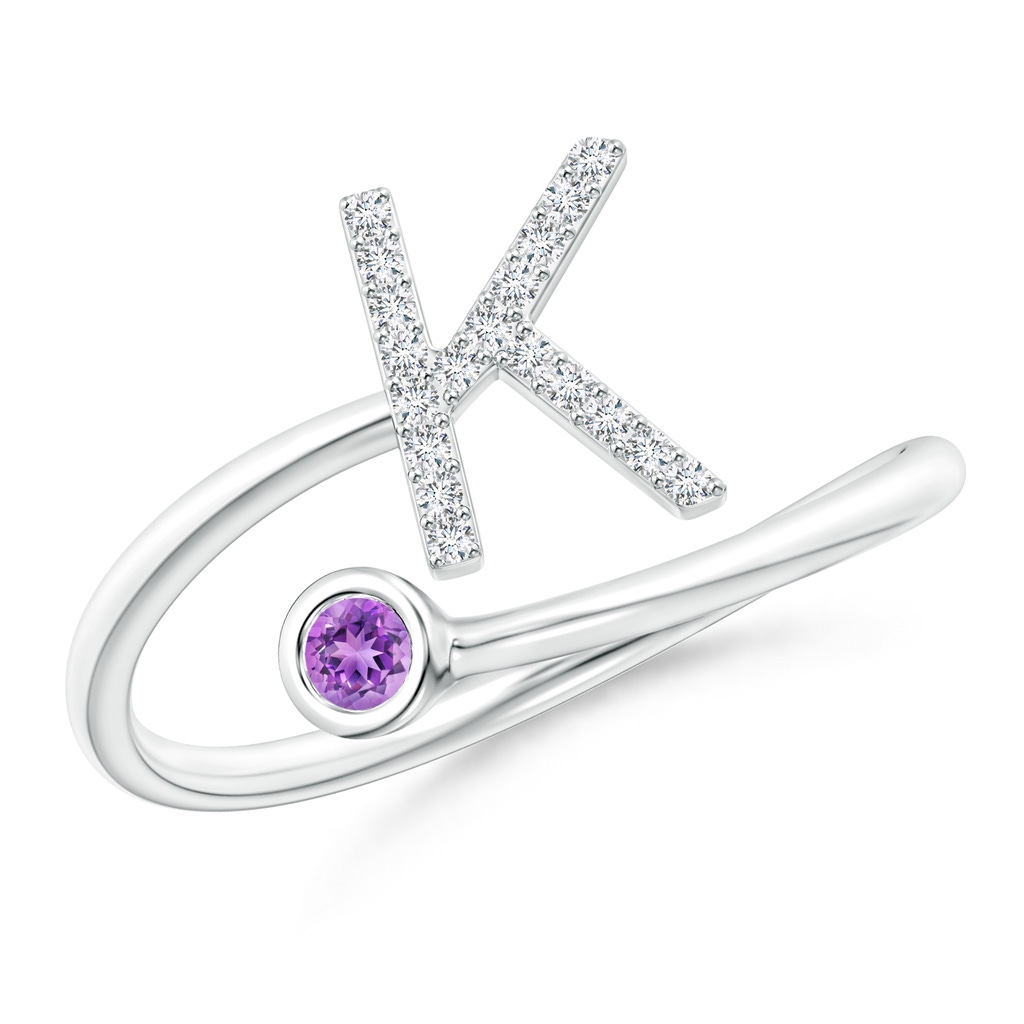 2.5mm AAAA Capital "K" Diamond Initial Ring with Bezel-Set Amethyst in White Gold