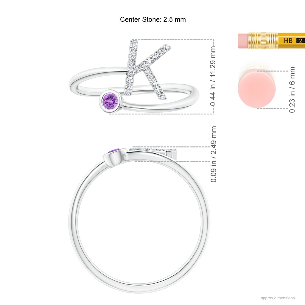 2.5mm AAAA Capital "K" Diamond Initial Ring with Bezel-Set Amethyst in White Gold Ruler