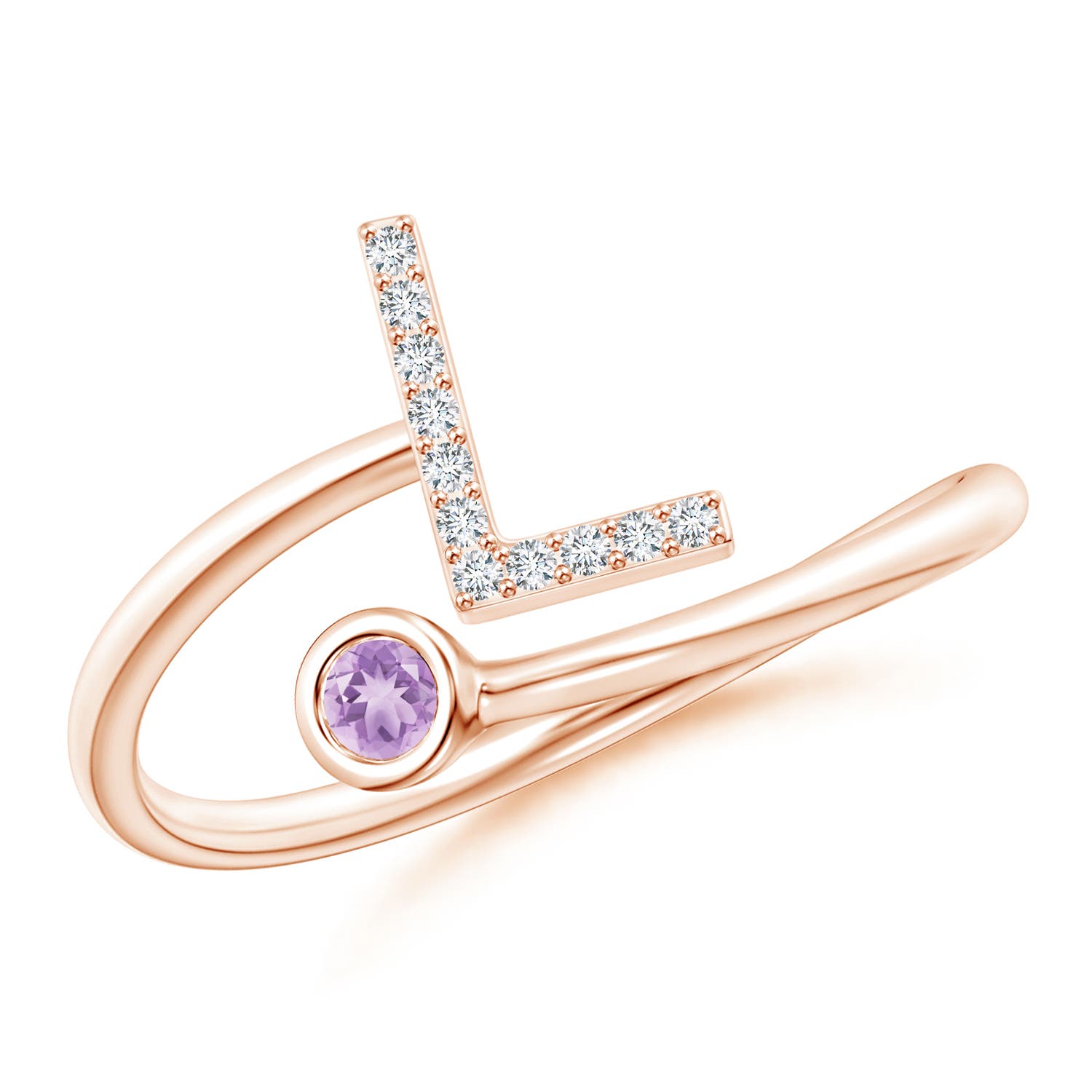 2.5mm A Capital "L" Diamond Initial Ring with Bezel-Set Amethyst in Rose Gold