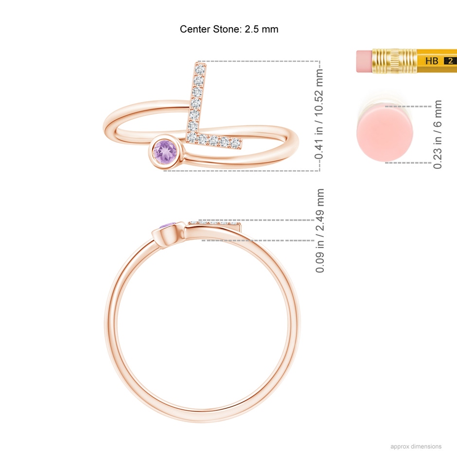 2.5mm A Capital "L" Diamond Initial Ring with Bezel-Set Amethyst in Rose Gold ruler