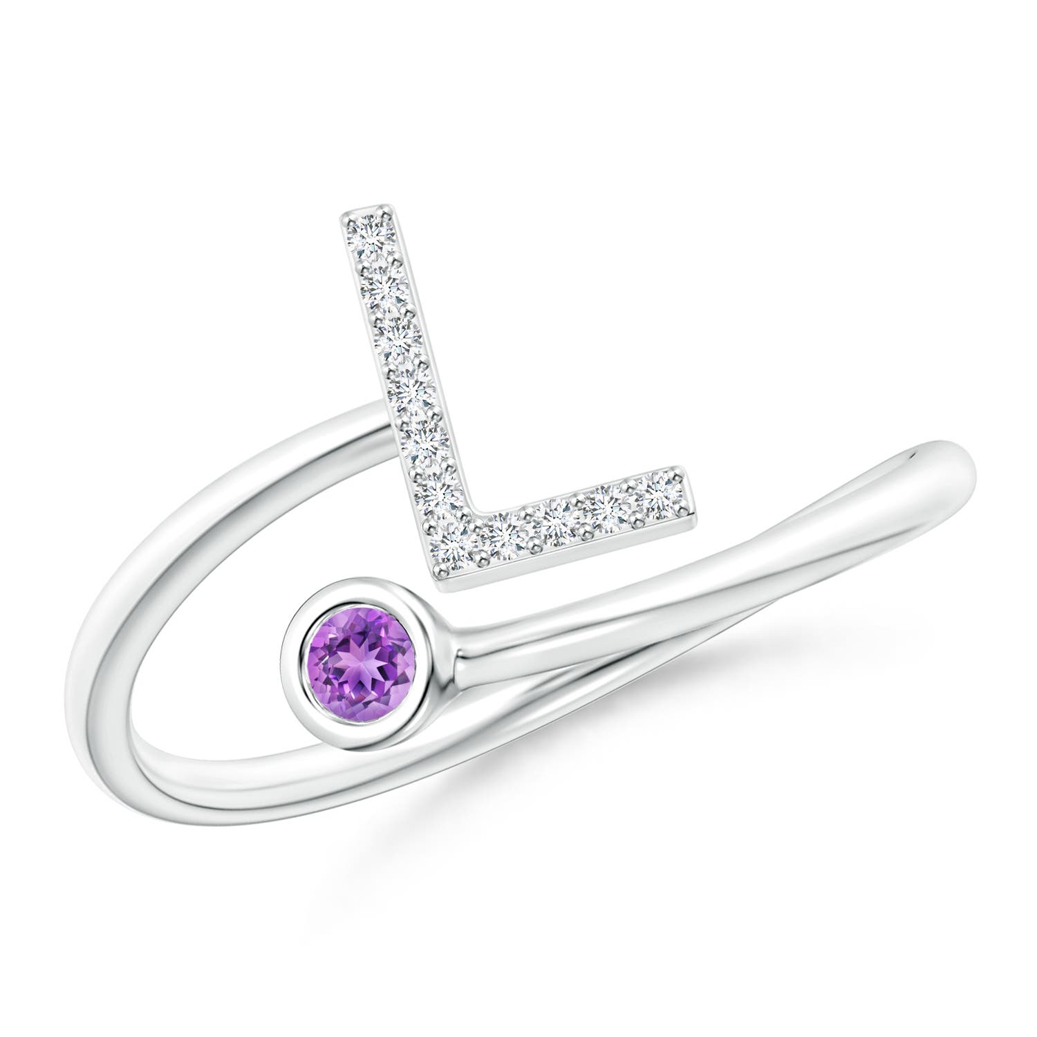 2.5mm AAAA Capital "L" Diamond Initial Ring with Bezel-Set Amethyst in 18K White Gold
