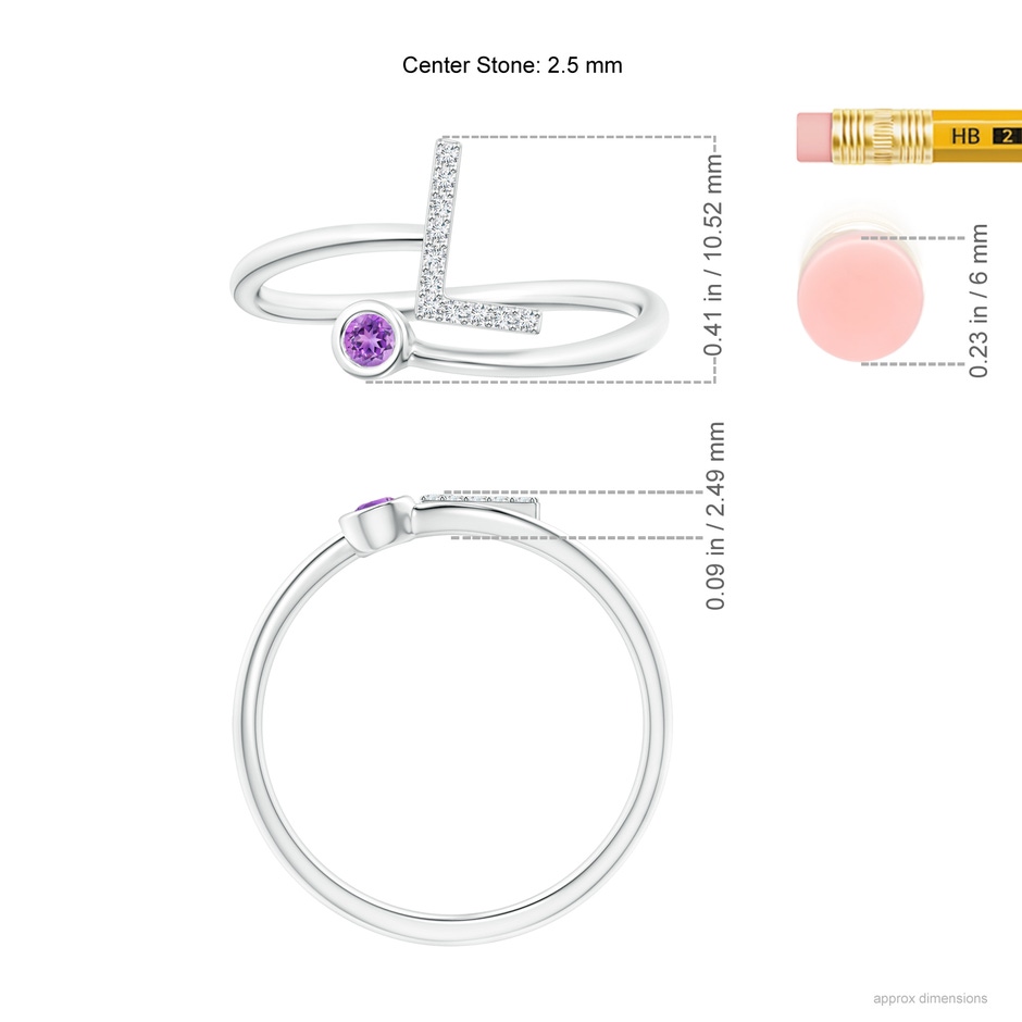 2.5mm AAAA Capital "L" Diamond Initial Ring with Bezel-Set Amethyst in White Gold ruler