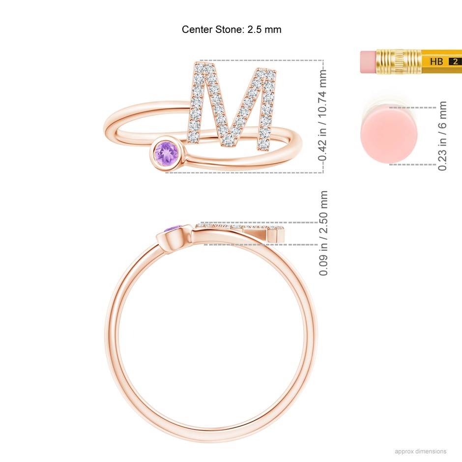 2.5mm AA Capital "M" Diamond Initial Ring with Bezel-Set Amethyst in 9K Rose Gold ruler