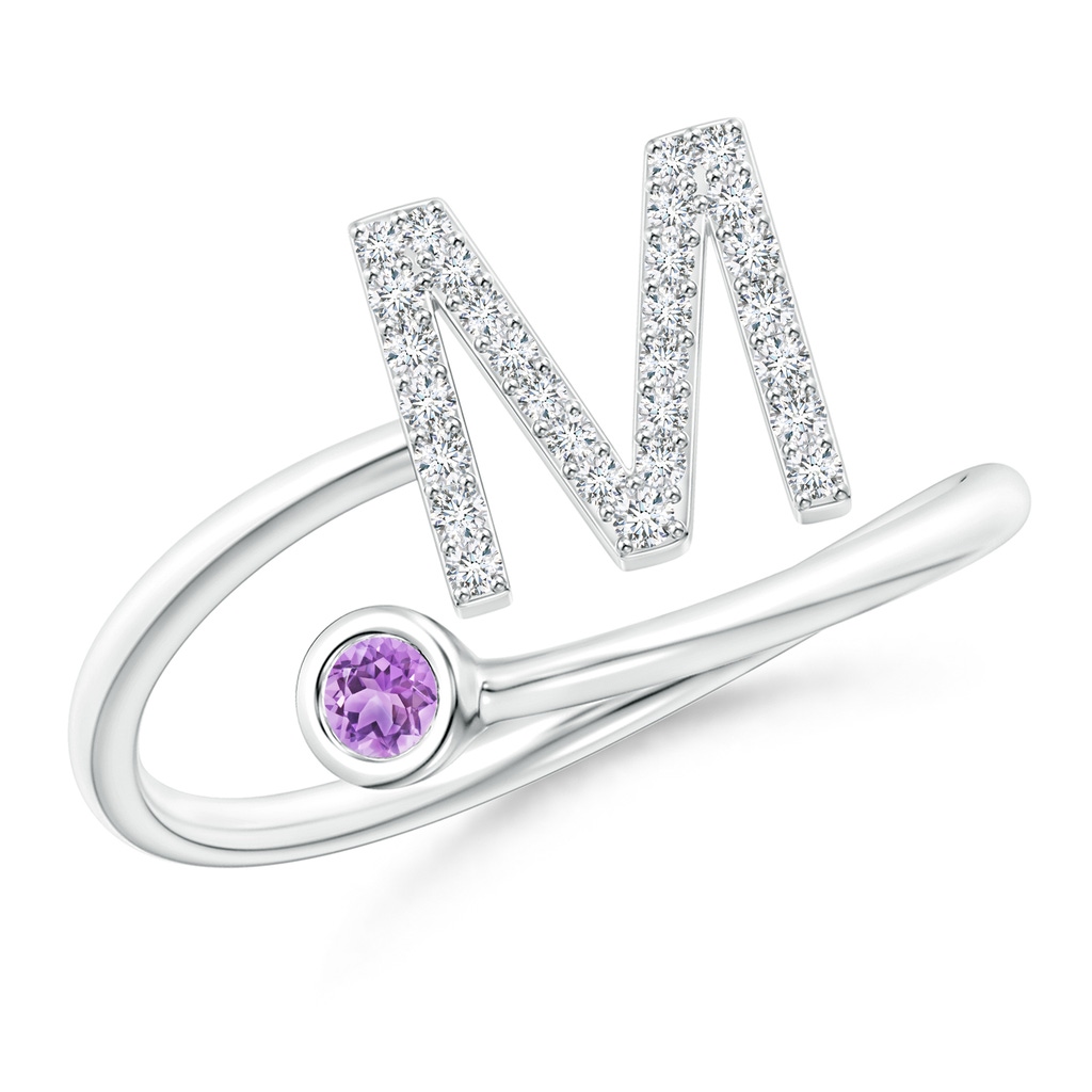 2.5mm AAA Capital "M" Diamond Initial Ring with Bezel-Set Amethyst in White Gold