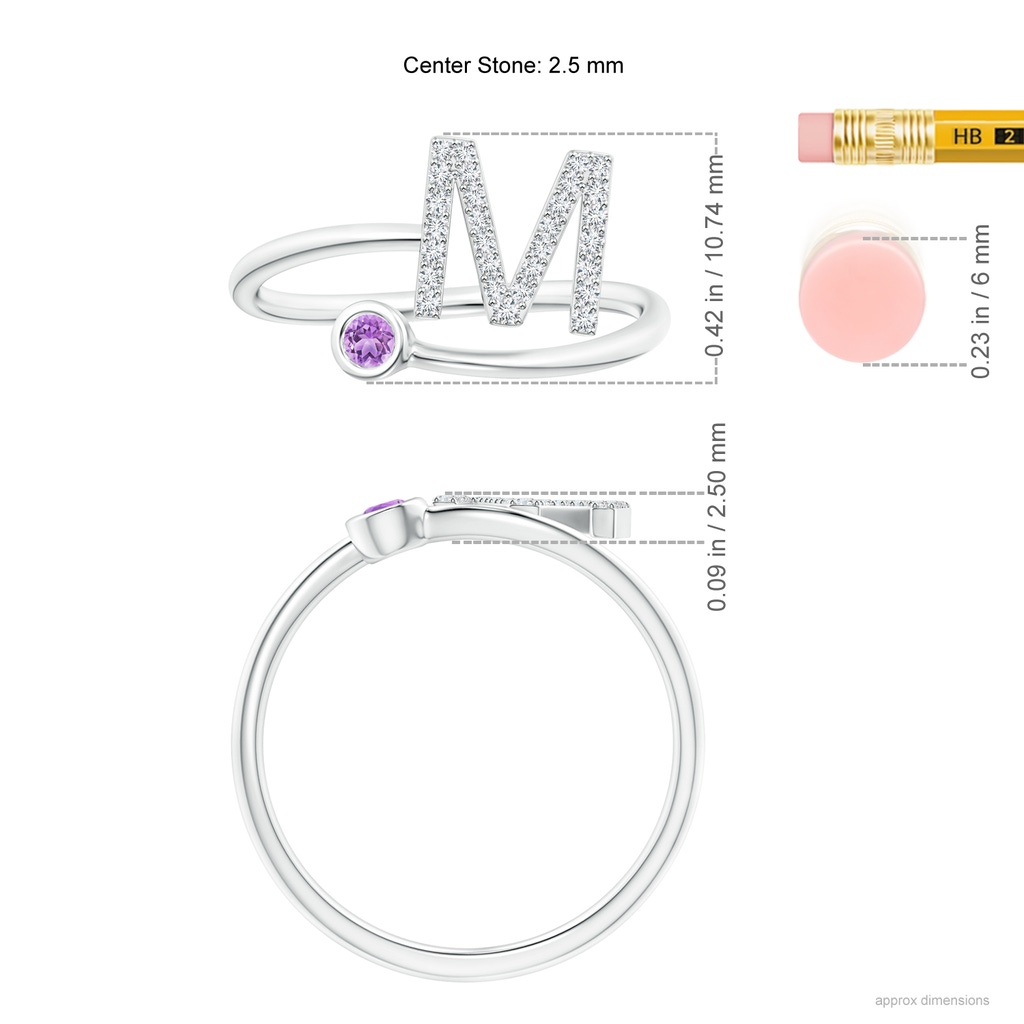 2.5mm AAA Capital "M" Diamond Initial Ring with Bezel-Set Amethyst in White Gold Ruler