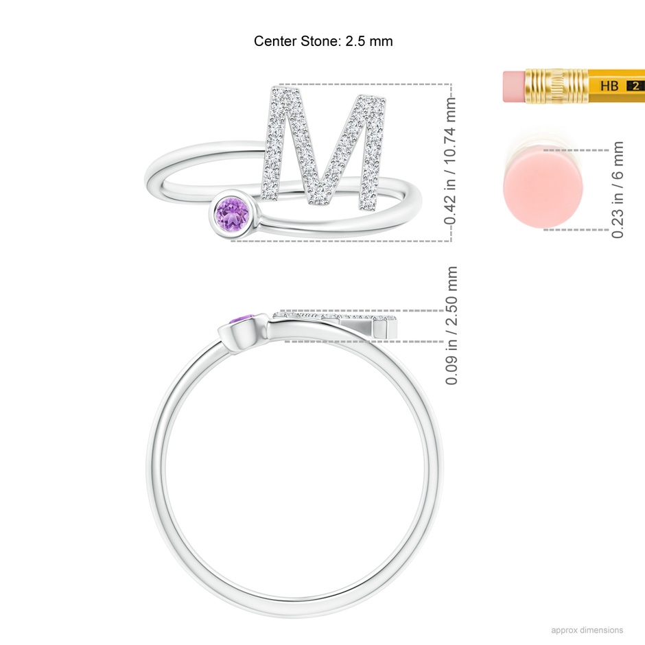 2.5mm AAA Capital "M" Diamond Initial Ring with Bezel-Set Amethyst in White Gold ruler