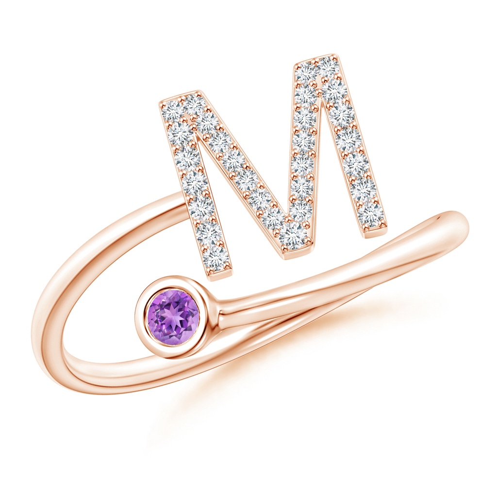 2.5mm AAAA Capital "M" Diamond Initial Ring with Bezel-Set Amethyst in Rose Gold