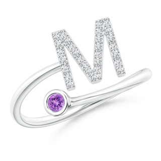 2.5mm AAAA Capital "M" Diamond Initial Ring with Bezel-Set Amethyst in White Gold