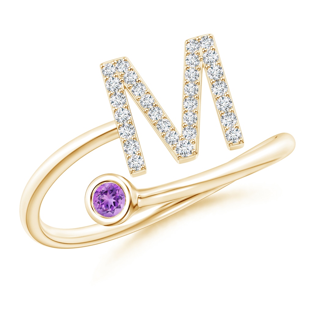 2.5mm AAAA Capital "M" Diamond Initial Ring with Bezel-Set Amethyst in Yellow Gold