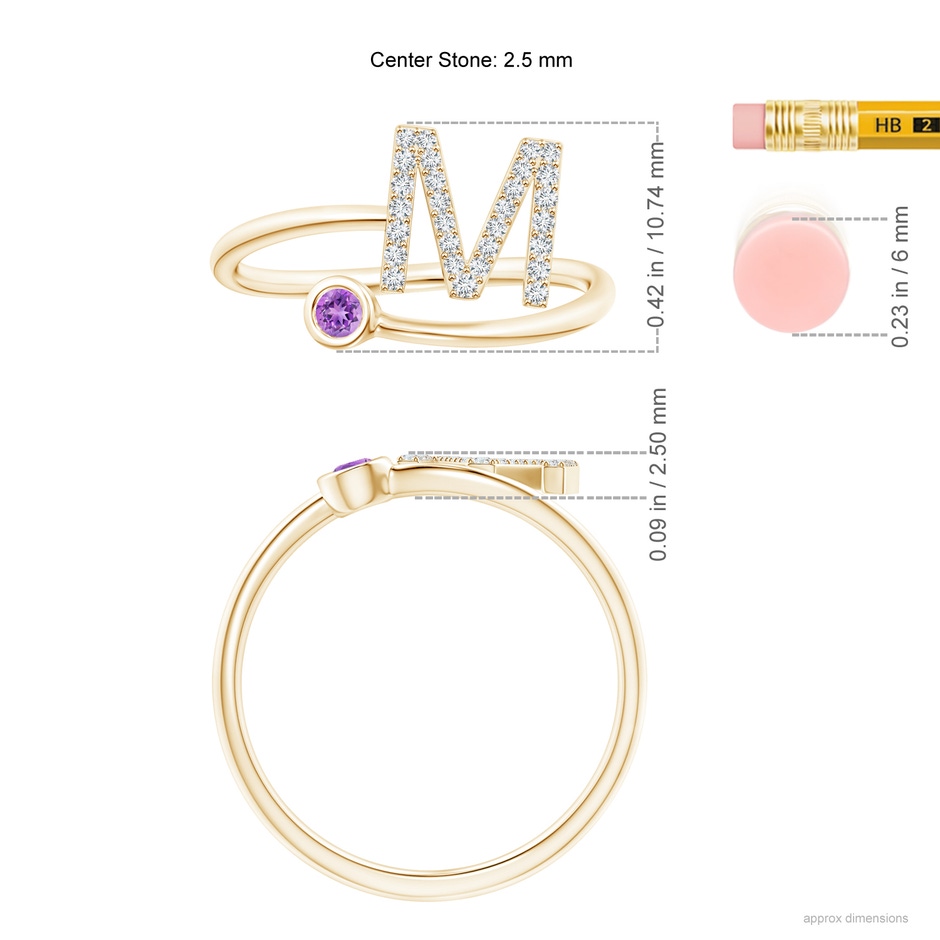 2.5mm AAAA Capital "M" Diamond Initial Ring with Bezel-Set Amethyst in Yellow Gold ruler