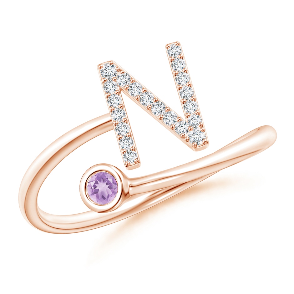 2.5mm A Capital "N" Diamond Initial Ring with Bezel-Set Amethyst in Rose Gold 
