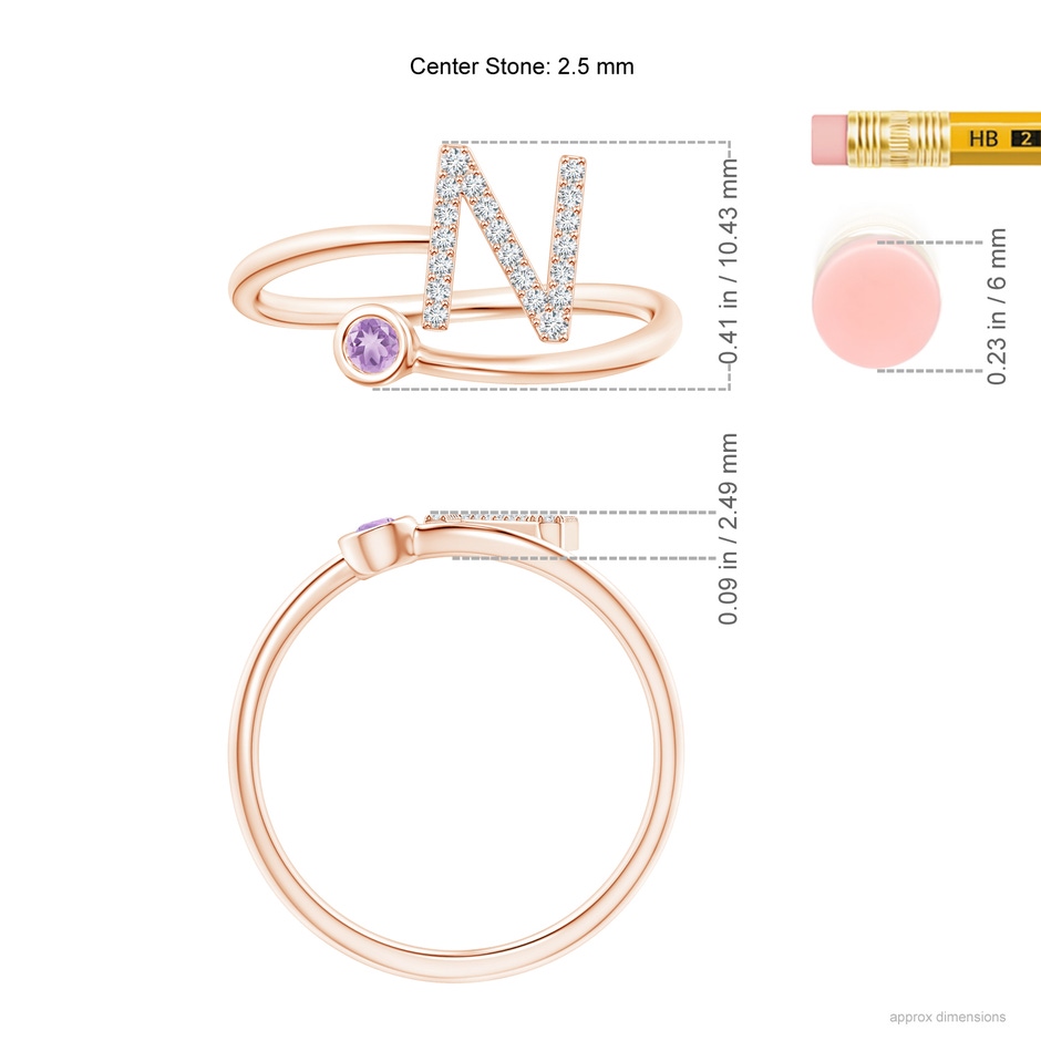 2.5mm A Capital "N" Diamond Initial Ring with Bezel-Set Amethyst in Rose Gold ruler
