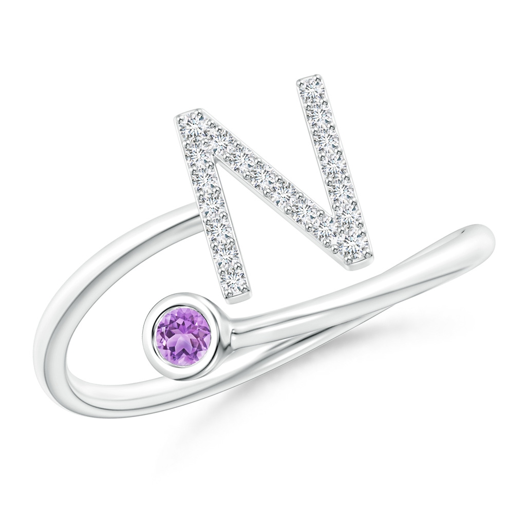 2.5mm AAA Capital "N" Diamond Initial Ring with Bezel-Set Amethyst in White Gold