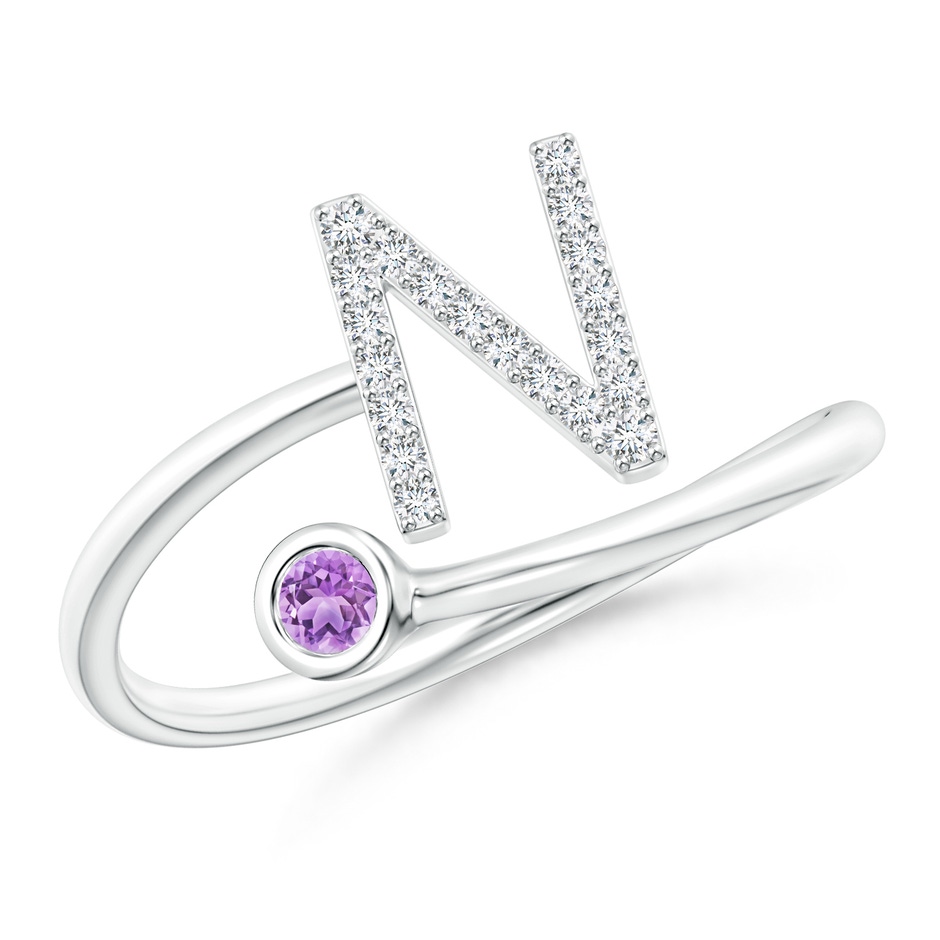 2.5mm AAA Capital "N" Diamond Initial Ring with Bezel-Set Amethyst in White Gold 