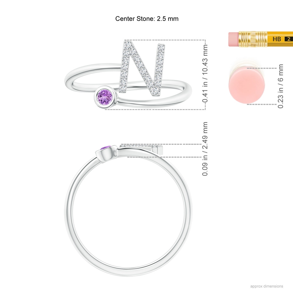 2.5mm AAA Capital "N" Diamond Initial Ring with Bezel-Set Amethyst in White Gold ruler