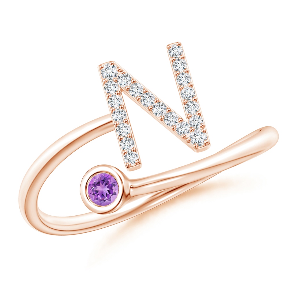 2.5mm AAAA Capital "N" Diamond Initial Ring with Bezel-Set Amethyst in Rose Gold