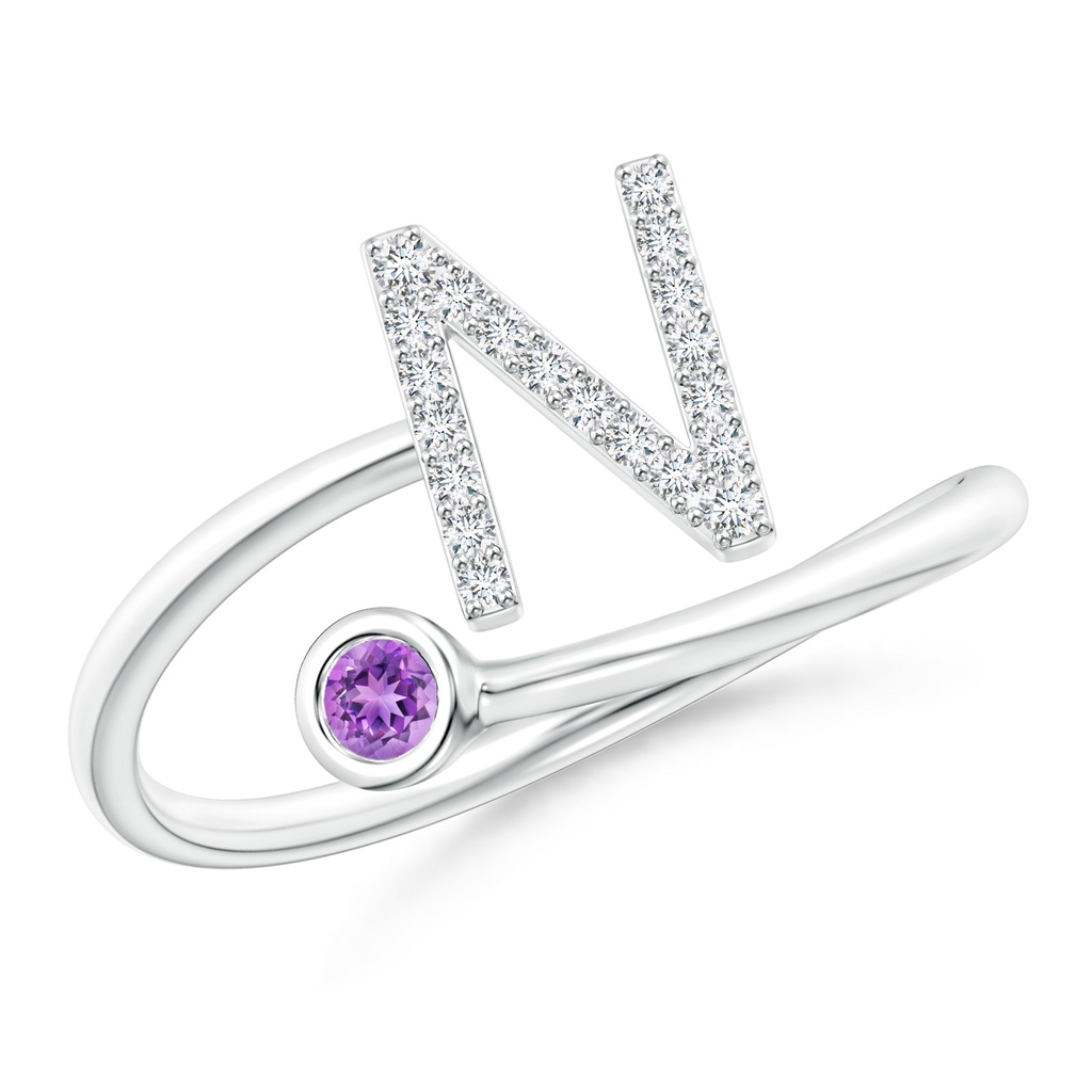 2.5mm AAAA Capital "N" Diamond Initial Ring with Bezel-Set Amethyst in White Gold