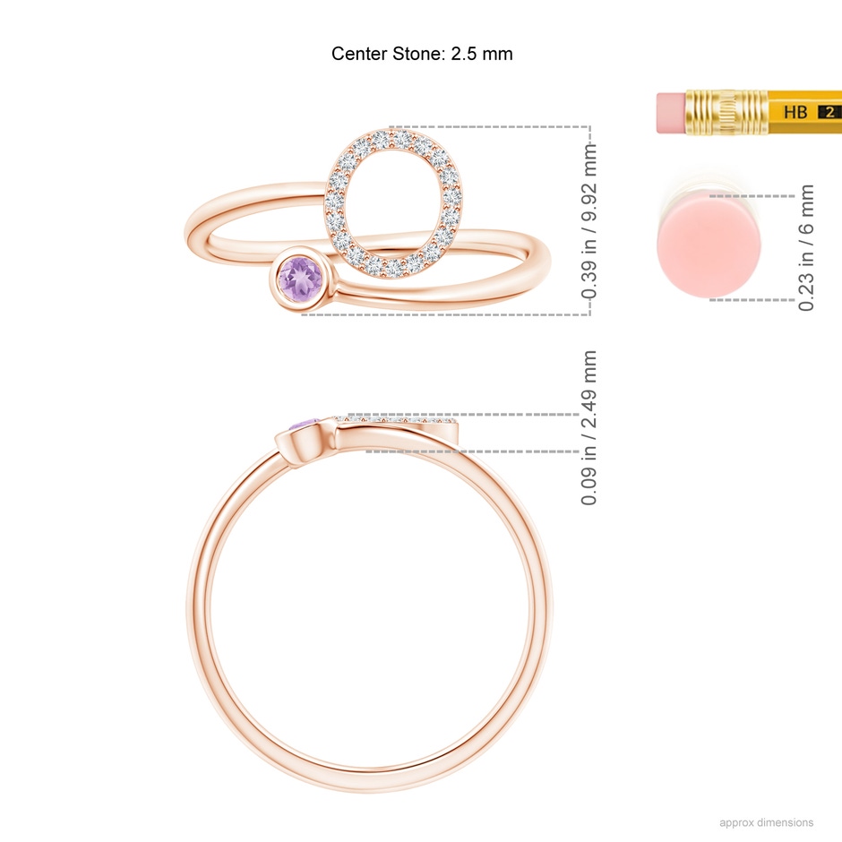 2.5mm A Capital "O" Diamond Initial Ring with Bezel-Set Amethyst in Rose Gold ruler