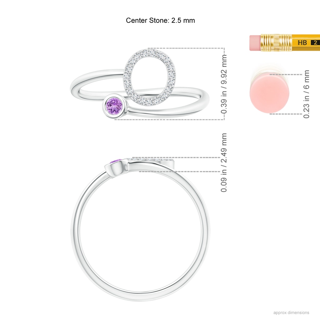 2.5mm AAA Capital "O" Diamond Initial Ring with Bezel-Set Amethyst in White Gold Ruler