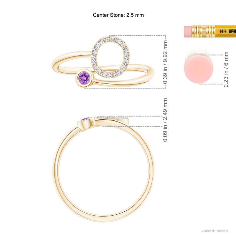 2.5mm AAAA Capital "O" Diamond Initial Ring with Bezel-Set Amethyst in Yellow Gold ruler