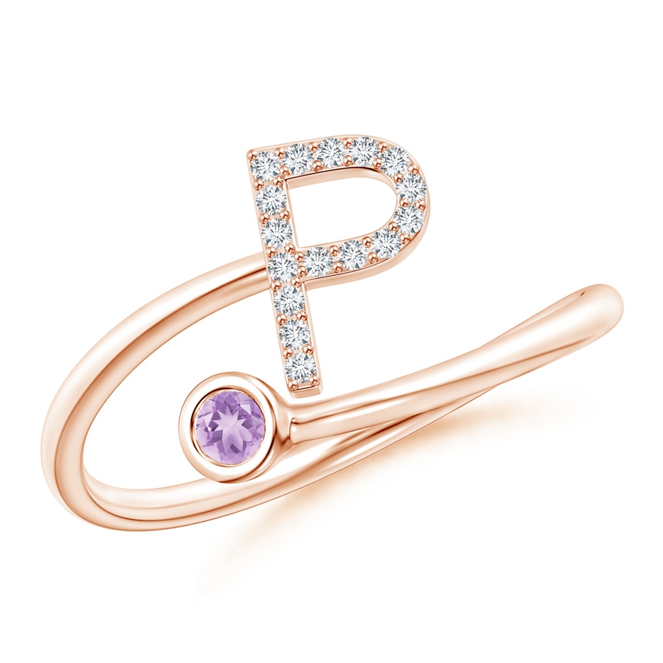 2.5mm A Capital "P" Diamond Initial Ring with Bezel-Set Amethyst in Rose Gold 
